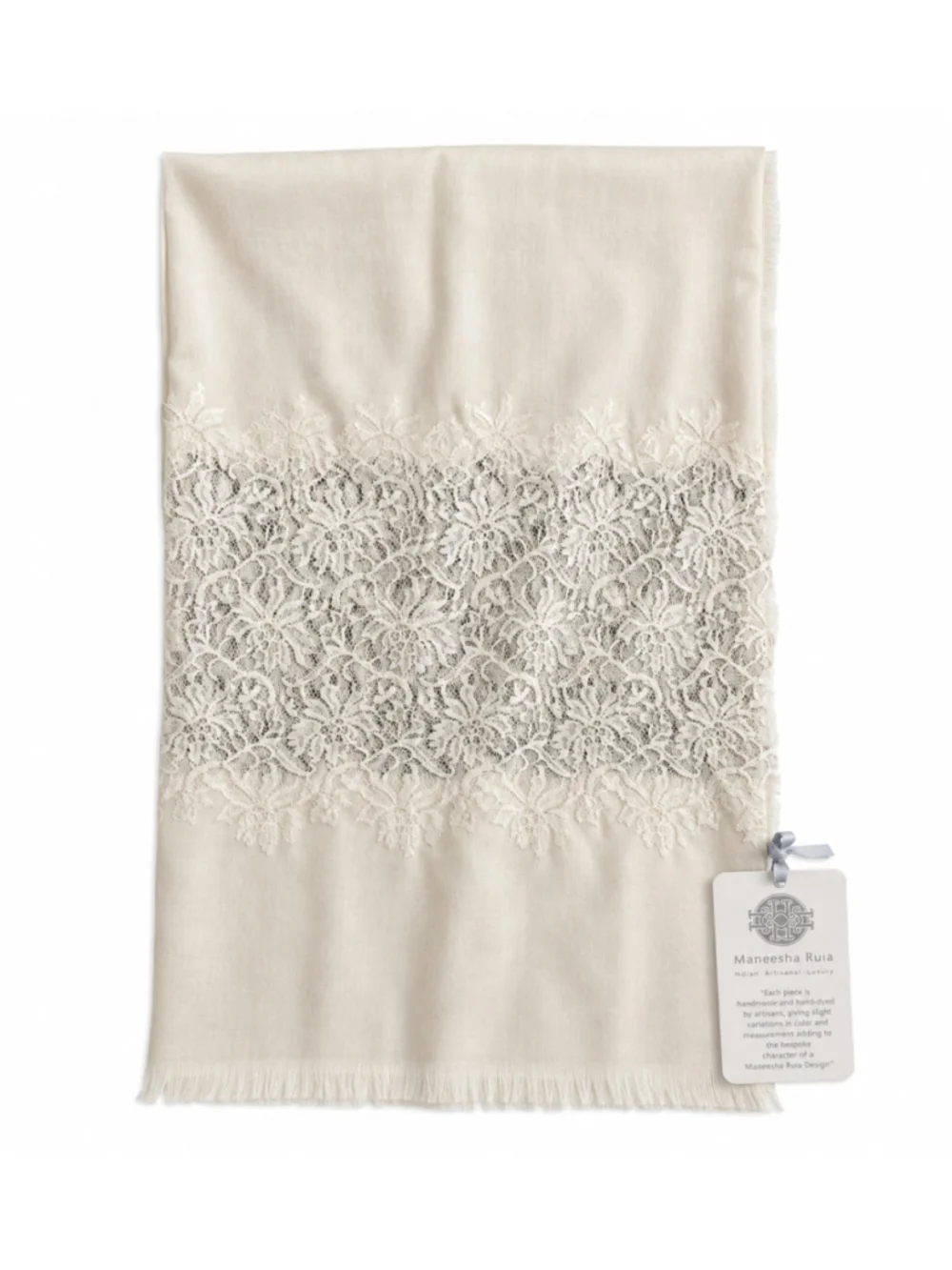 Maneesha Ruia Ivory Silk Wool Lace Panel Luxury Artisan Scarf Wrap NWT